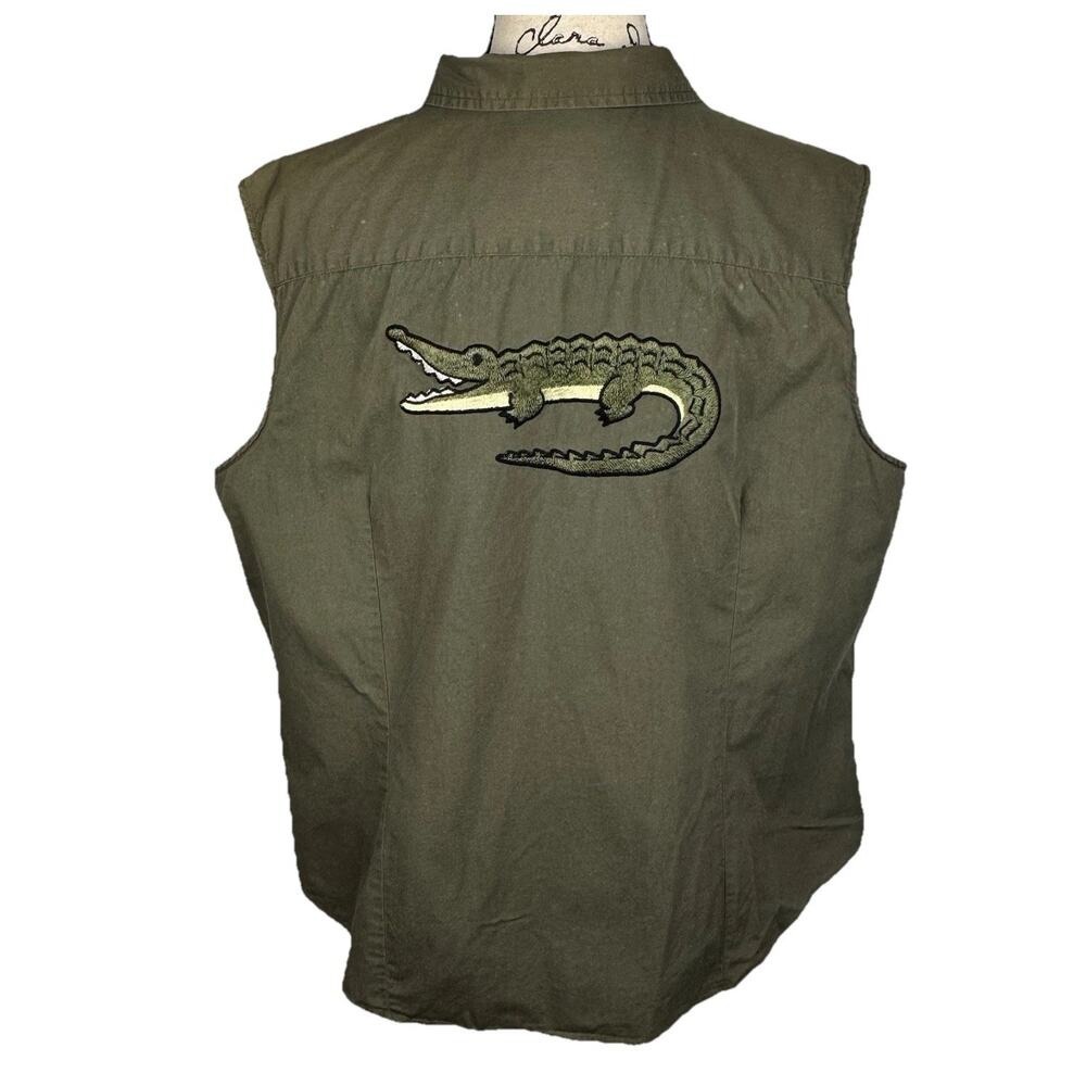 Vtg 90s Cotton Shirt Top Vest Embroidered Crocodile 18W/20W Utilitarian Chic
